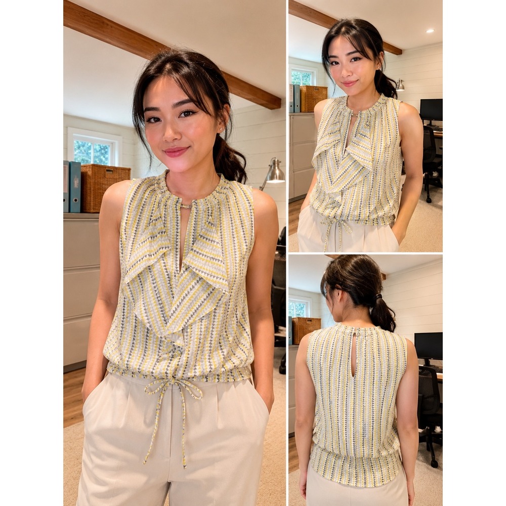 Banana Republic Yellow Grey Geometric Triangle Ruffle Peplum Sleeveless Blouse S